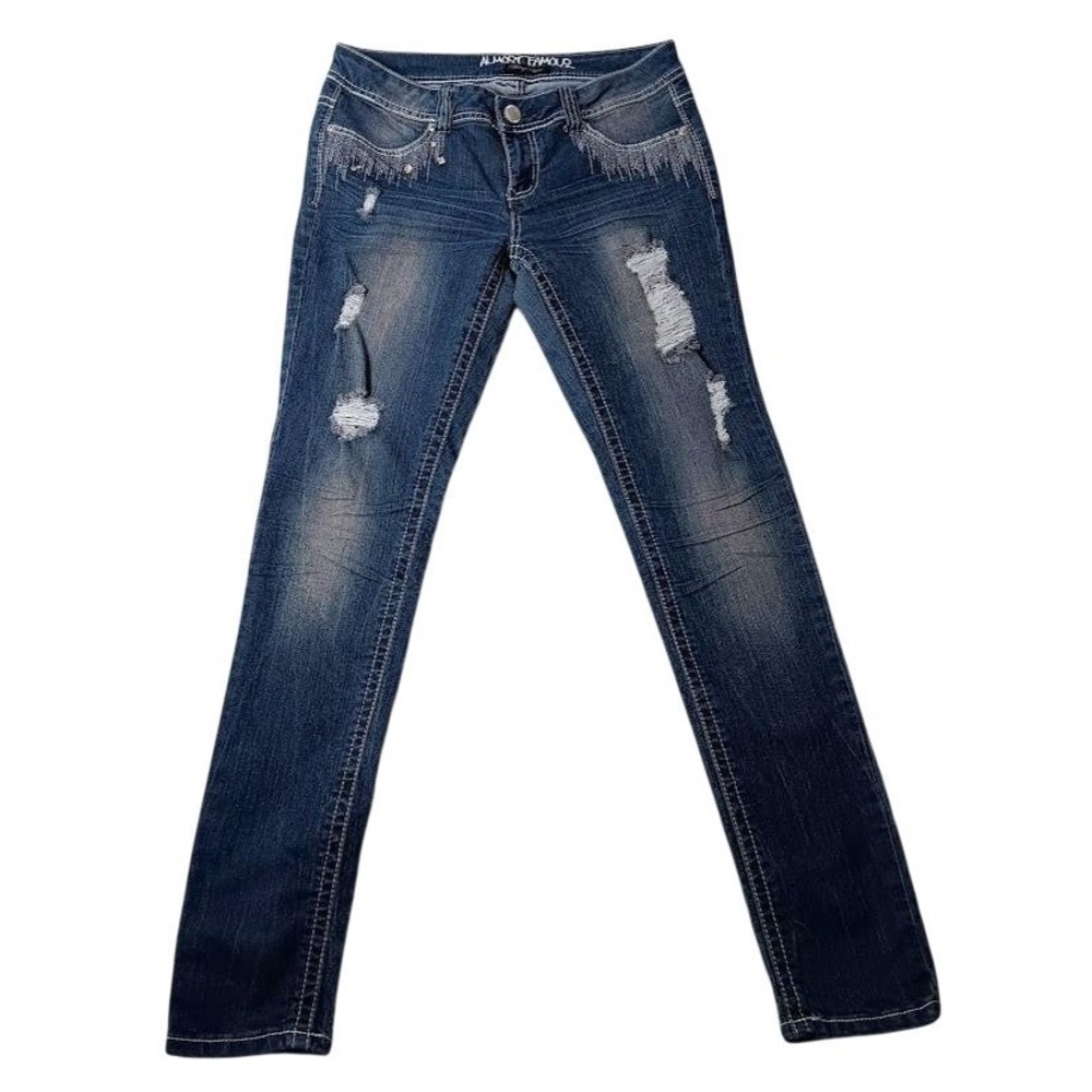 Almost Famous Jeans Juniors 7 Blue Distressed Skinny Rhinestone Stud Denim Pants